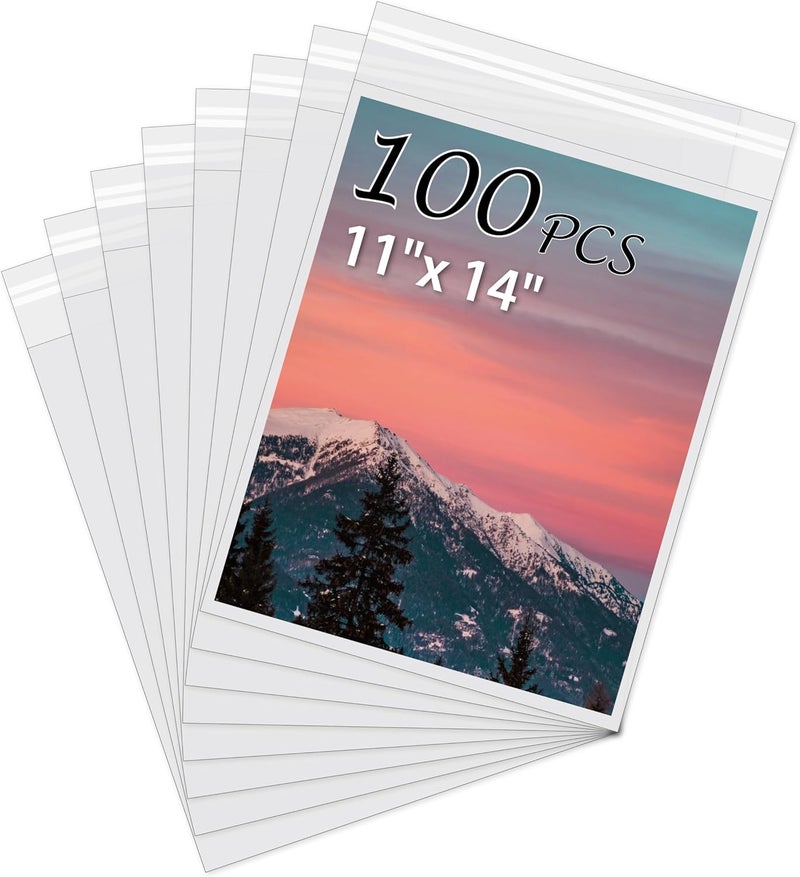 Somime Acid-Free Picture Sleeves, 100Pack Crystal Clear Storage Bags for 11x14 Art Prints, Pictures, Photos, Frame Mats (Bag Size: 11 3/8" x 14 1/3") - Image 1
